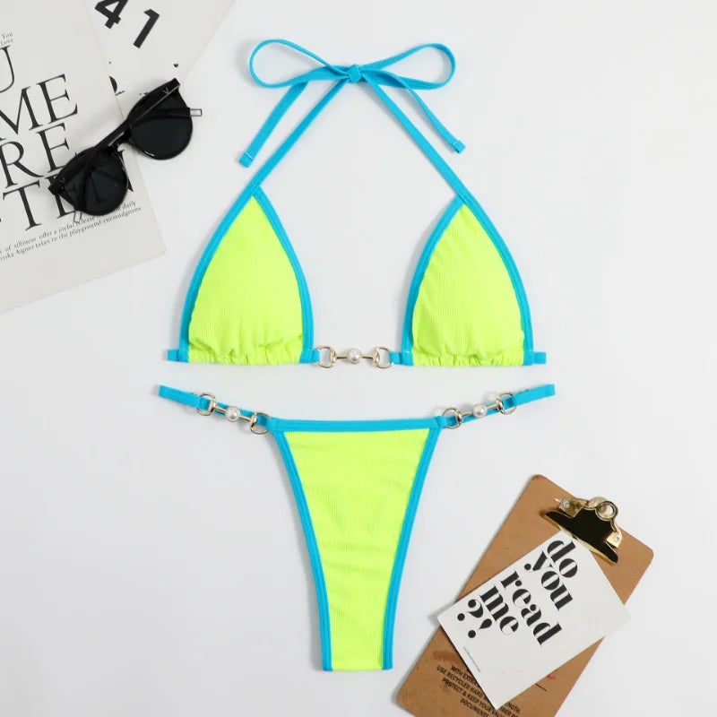 2025 Neuer Push-Up Geblümter Unifarbener Tanga 2-teiliges Set V-Ausschnitt Rippenbesatz Neckholder Bikini Spandex/Nylon Atmungsaktiv Schnelltrocknend Sexy