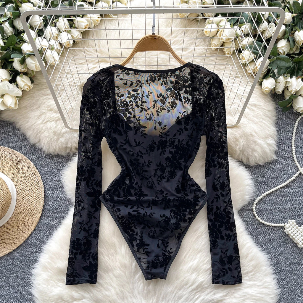 Fall Y2K Square Collar Slim Jumpsuit for Women Long Sleeve High Waist Printed Mesh Bodysuit Ladies Y2k Rompers Wholesale