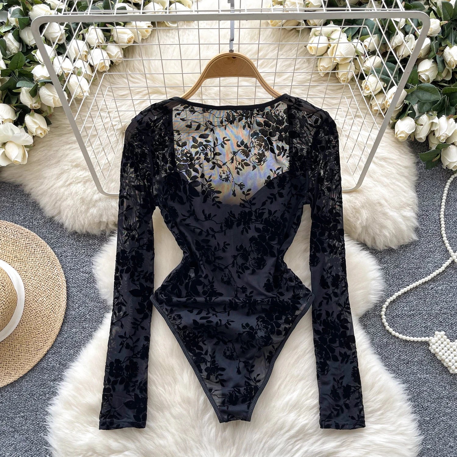 Fall Y2K Square Collar Slim Jumpsuit for Women Long Sleeve High Waist Printed Mesh Bodysuit Ladies Y2k Rompers Wholesale