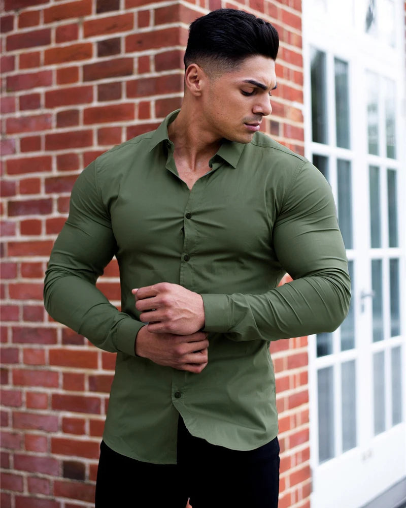 Camicia a maniche lunghe moda autunno uomo camicia super slim fit maschile casual da lavoro sociale camicia da uomo di marca abbigliamento sportivo fitness