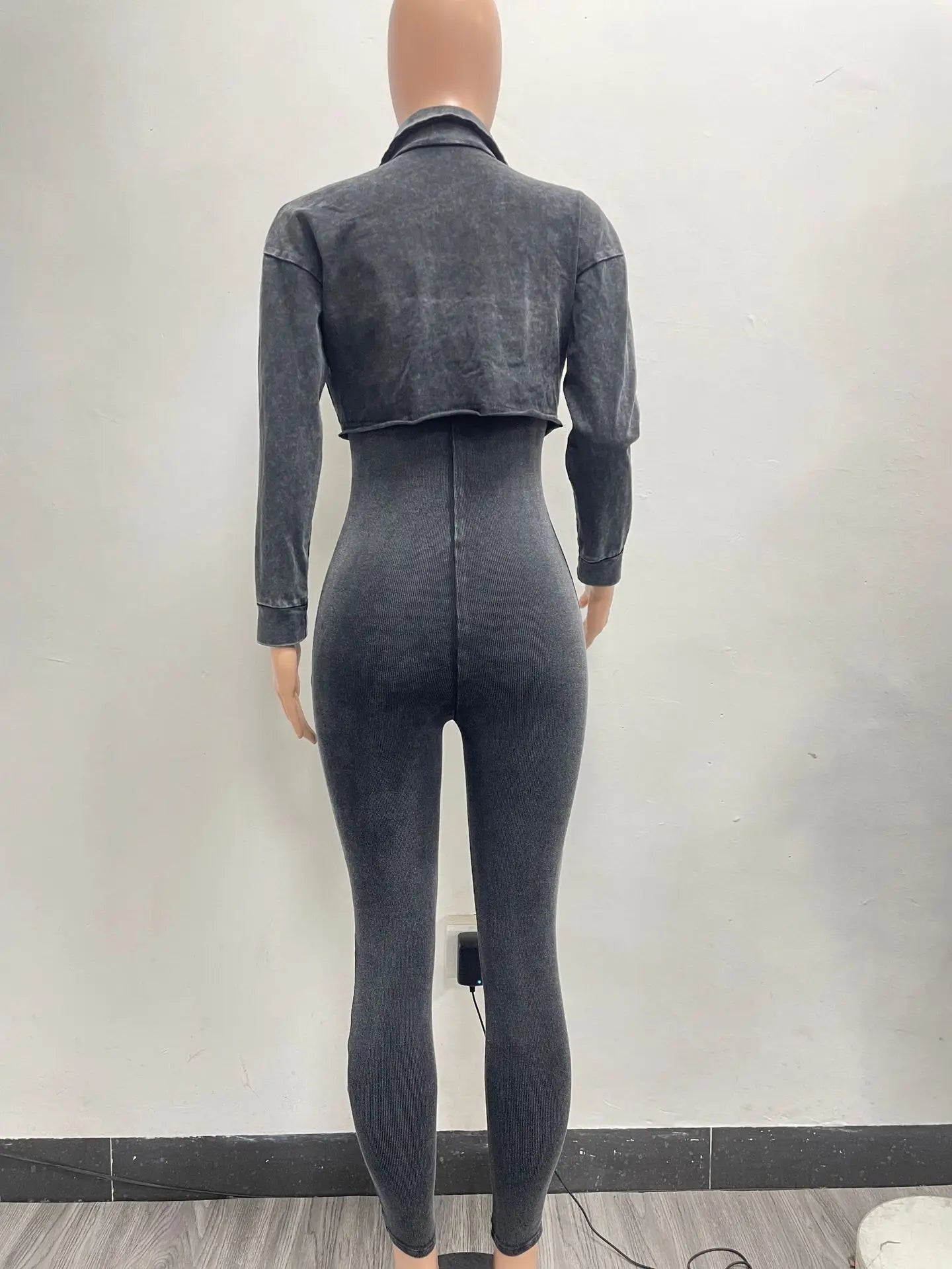 Wholesale Streetwear Two Piece Set Y2K Bodycon Acid Wash Jumpsuit With Jacket Light Washed 2 Piece Set Woman Jumpsuit