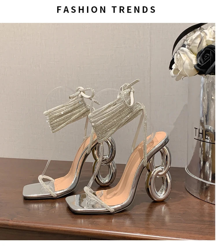 Hot Selling Latest Summer New Style Foot Loop Rhinestone Cross Tie Shaped High Heel Sandals in Stock