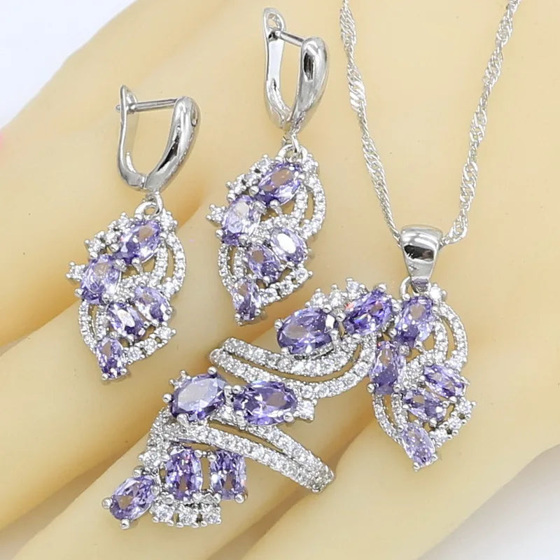 Parures de bijoux de Dubaï pour femmes, mariage, améthyste violette, collier, pendentif, boucles d'oreilles, bague, bracelet, coffret cadeau