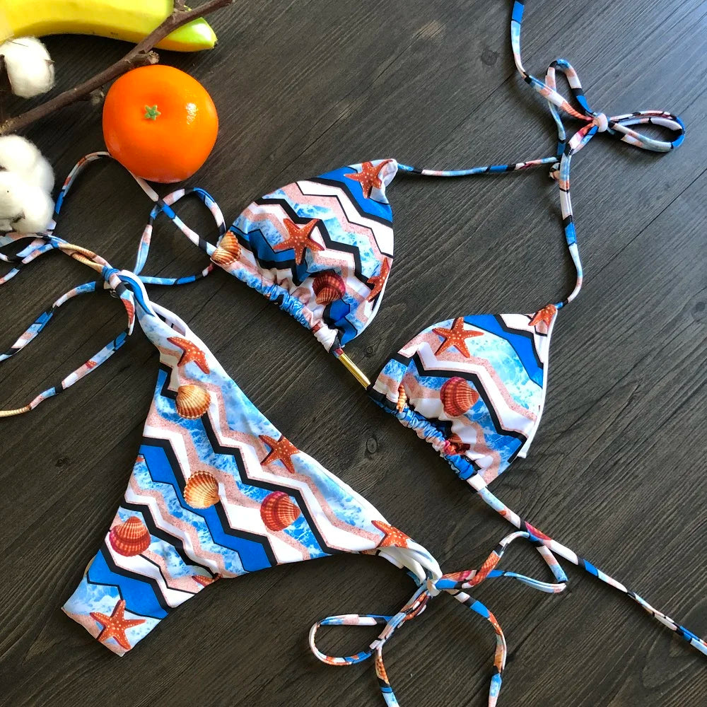 RUOTONGSEPT Sexy Micro Bikinis Set 2024 New Swimsuit Women Feather Print Bandage Swimwear Female Bathing Suit Brazilian Biquinis