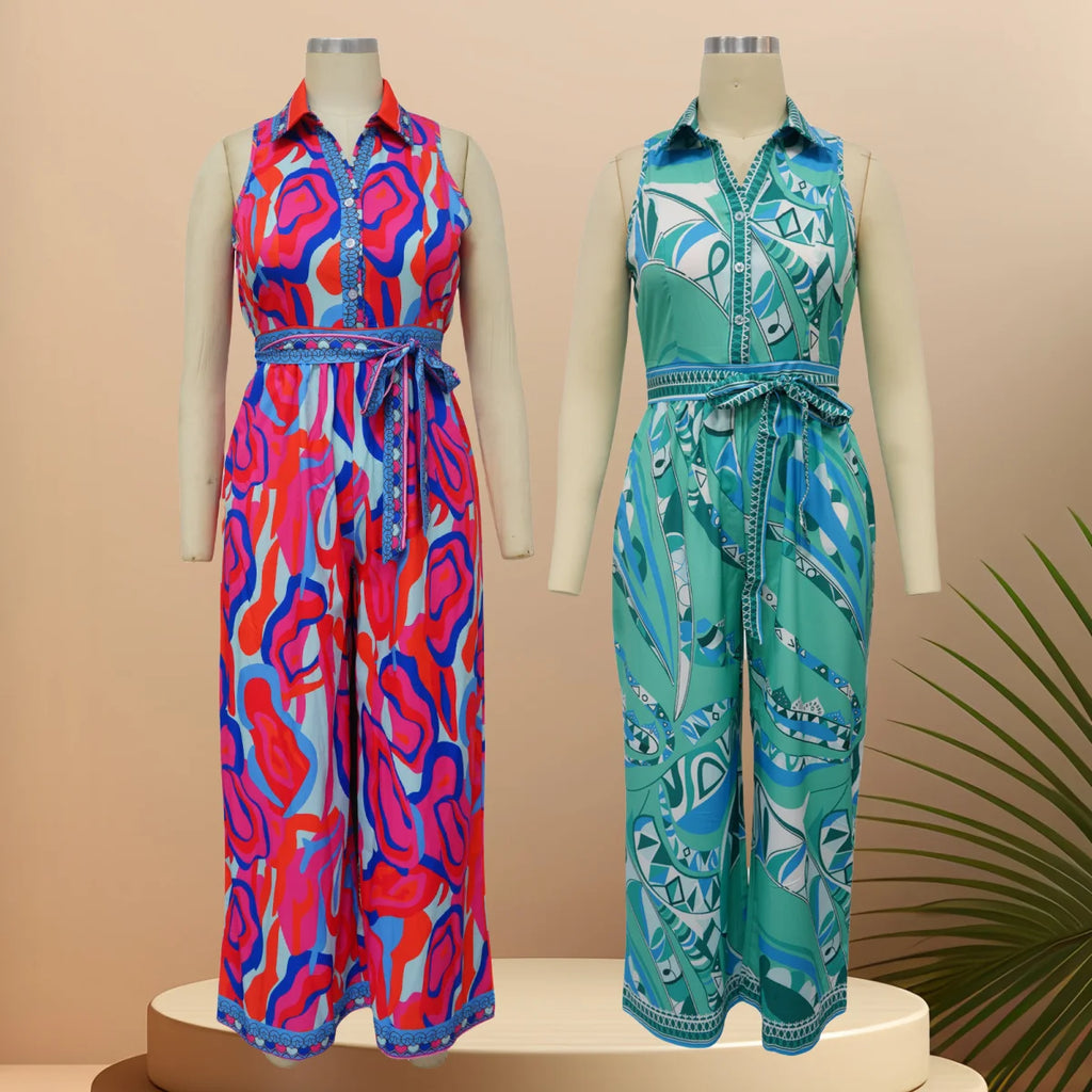 K10547 Großhandel Neuer Sommer Druck Ärmelloser V-Ausschnitt Weiter Bein-Jumpsuit Damen Freizeit-Jumpsuit