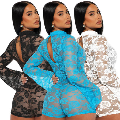 Damen Sexy Spitzen-Netz-Strampler Hauteng Ausgeschnittener Overall Durchsichtiger Body Shaper Roter Spitzen-Overall