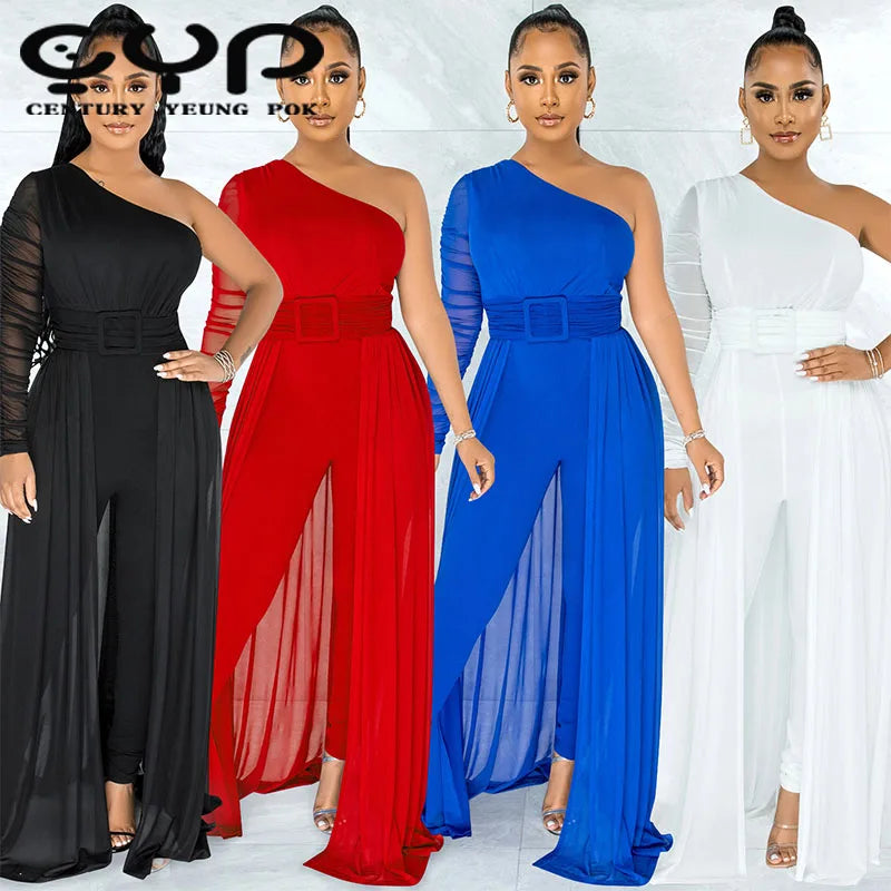 Hot Selling Women's Sexy One-Shoulder Satin Jumpsuit with Long Pants Breathable Mesh for Parties