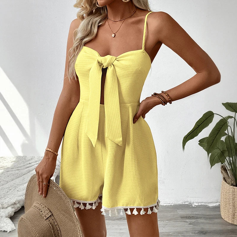 High Waist Summer Above Knee Sweet Simple Bowknot Strap Solid Color Backless Women's Jumpsuit Polyester Woven Waffle Texture