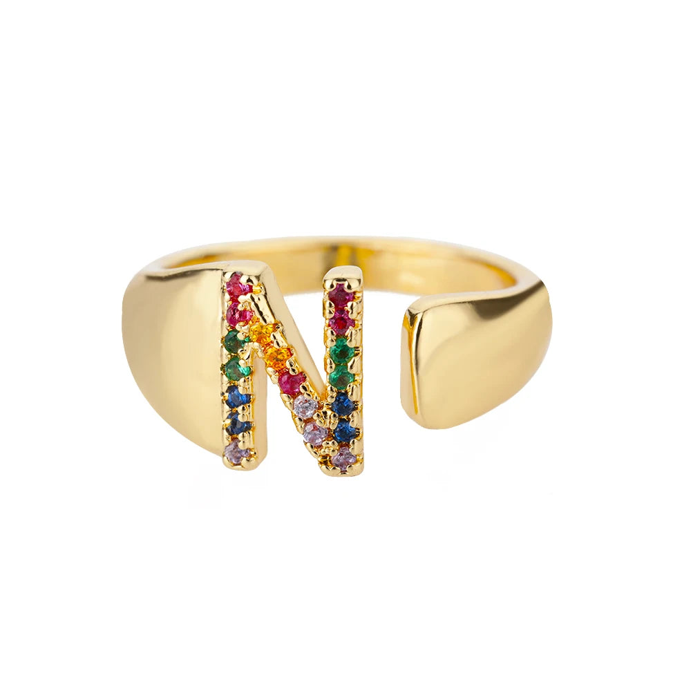 Anelli con lettera zircone arcobaleno per le donne Moda grosso lettera larga AZ anello in acciaio inossidabile matrimonio gioielli Boho spedizione gratuita