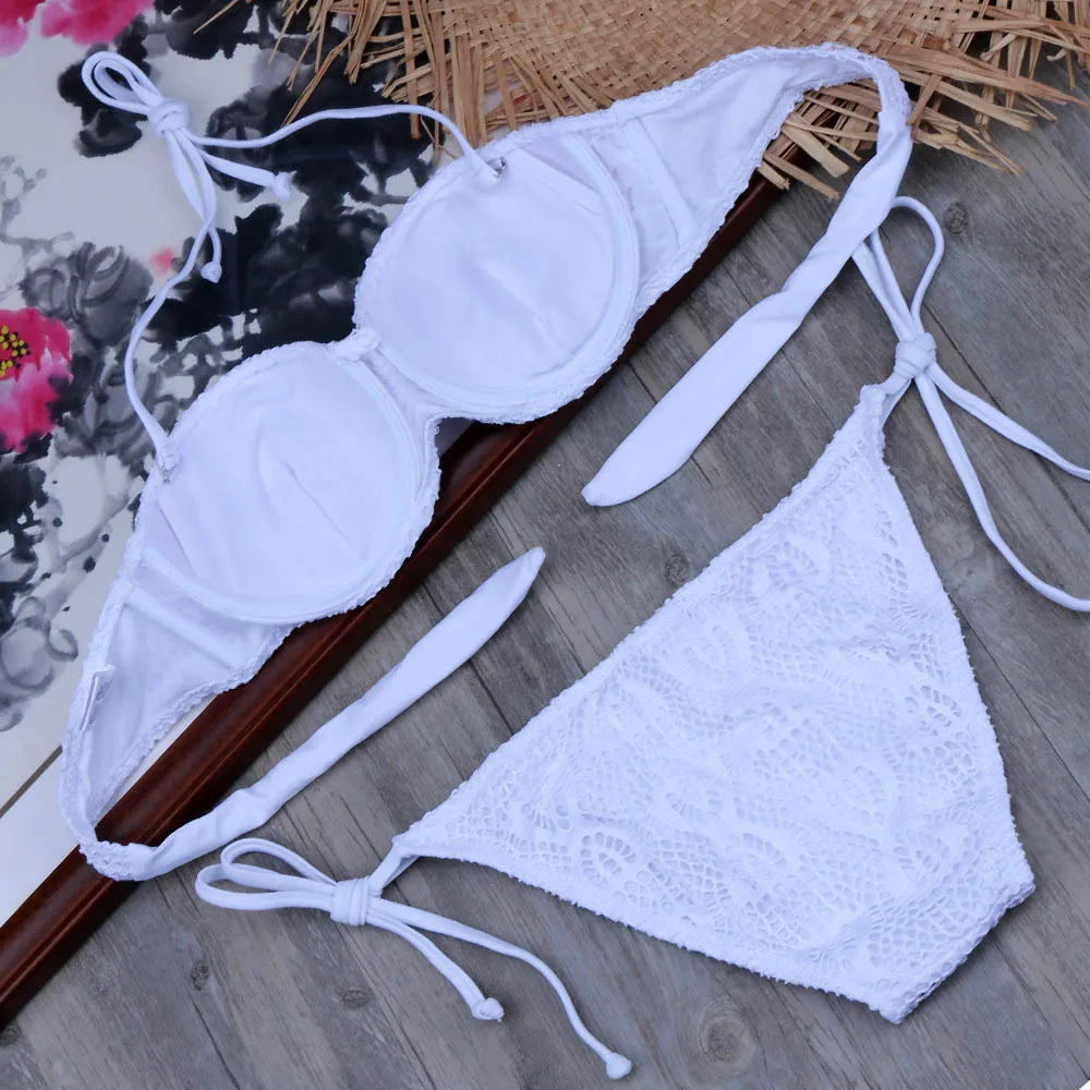 Bikini Solide Avec Bretelles Bandage Ensemble Bikini Blanc Push Up Bikini Maillots De Bain Bandeau Maillot De Bain Brésilien Maillot De Bain