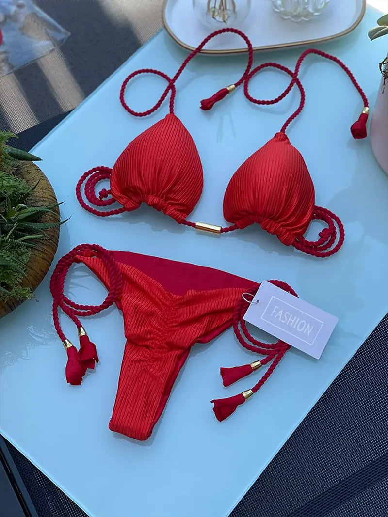 Neon Tassel Bikini Women Ribbed Swimsuit Sexy Swimwear Micro Thong Triangle Bandage Swimsuit 2023 Halter Brazilian Biquini