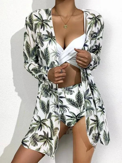 Swimwear Custom Plus Size Bathing Suit for Women 3 Pieces Swim Suit Halter High Waist Swimwear Pink Floral Bikini Set