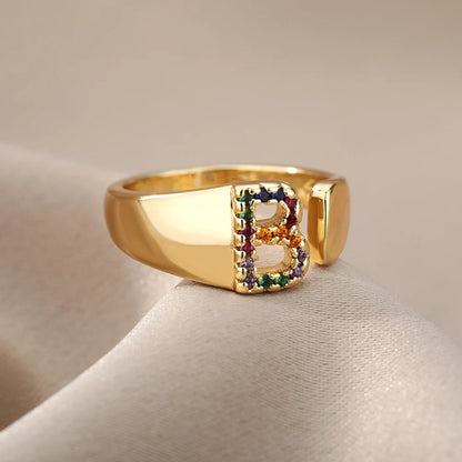 Anelli con lettera zircone arcobaleno per le donne Moda grosso lettera larga AZ anello in acciaio inossidabile matrimonio gioielli Boho spedizione gratuita