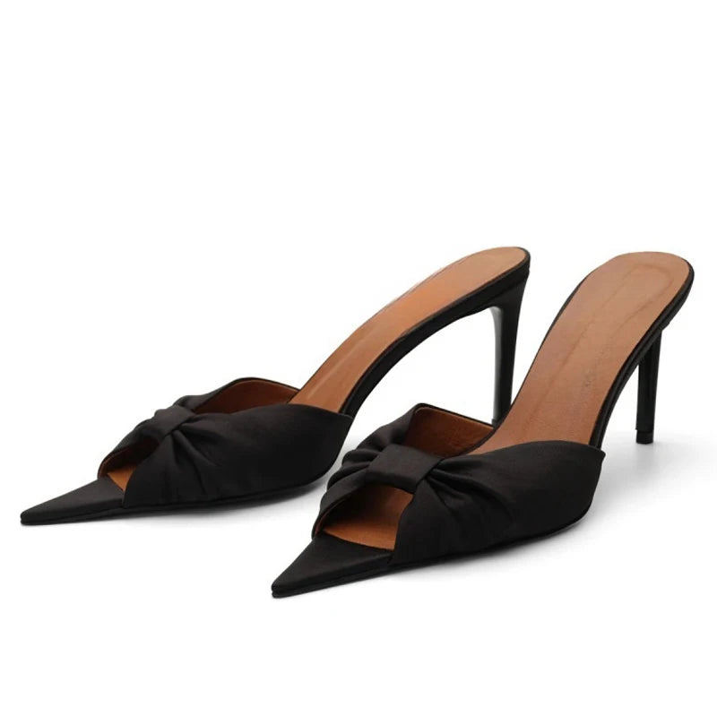 Wide Fit Size 45 Pumps Summer Women Satin Bow Knotted Shoes High Slim Heels Dress Sandals Outdoor Leopard Party Mules