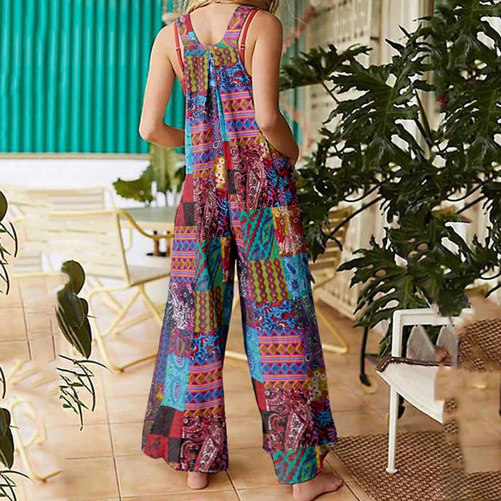 Tute da donna stile etnico tute estive pagliaccetti Casual senza maniche con collo quadrato multicolore con tasche per tuta da ragazza
