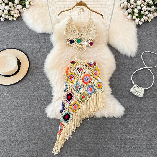 ANSZNTK Women Clothing Beach Wear Sexy Fringe Detail Random Hand Crochet Bikini Set