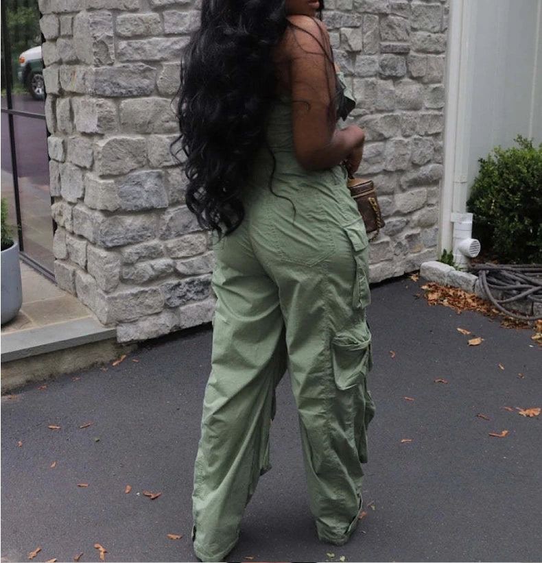 S-3XL  New Fashion Women's Clothing Sexy Strapless Single Breasted Jumpsuit Multi Pocket Workwear Jumpsuit