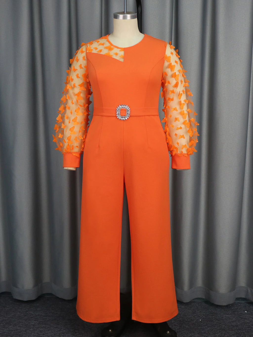 Long Lantern Sleeves Waist Decoration Applique Plus Size Women Jumpsuit