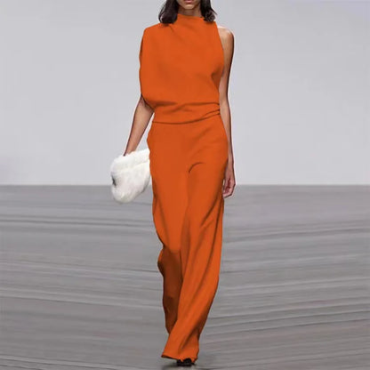 S-3XL New European Solid Shoulder Stacked Neck Jumpsuit Dress Pants