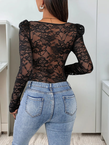 B9322-2026 Fashion Elegant square Neck Long Sleeve Skinny Above Knee Lace Solid Color Jumpsuit for Women Bodysuit
