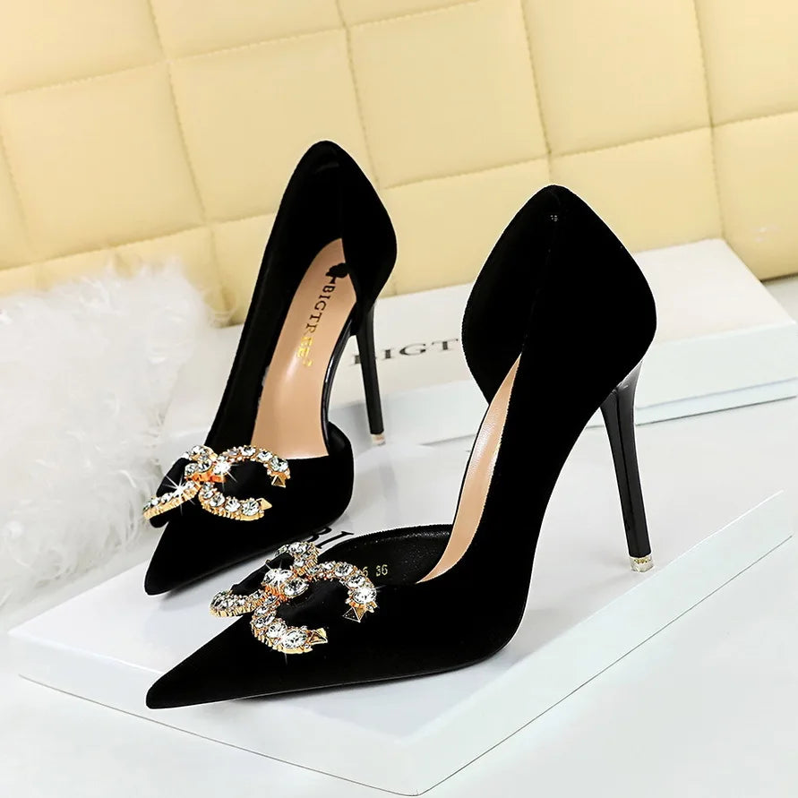 Banquet High Heels Women's Shoes Shallow Mouth Pointed Side Hollowed Out Rhinestone Pearl Bow Sandals