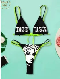 Ensemble bikini imprimé lettres gothiques punk, maillot de bain sexy 2023 pour femmes, motif tête de mort, col en V, maillot de bain tendance