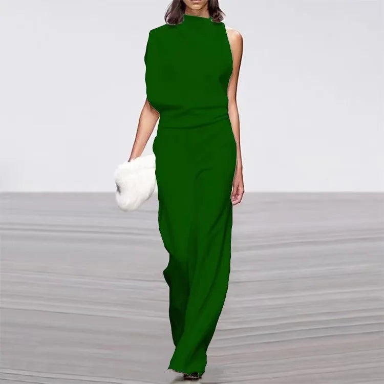 S-3XL New European Solid Shoulder Stacked Neck Jumpsuit Dress Pants