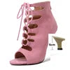 Chaussures latines roses à bout ouvert en daim, bottes de danse, Salsa, Tango, performance, pratique, chaussures de danse de salon, chaussures de jazz à la cheville pour femmes