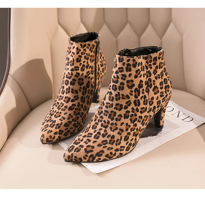 LazySeal 2025 New Luxury Leopard Women Boots Leather Winter Casual Shoes Hoof Heels Zip Pointed Toe Ankle Boots Big Size 43
