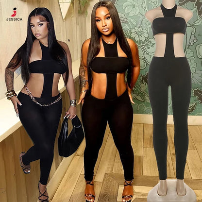 X9068-2026 Trendiger Sommer Slim Fit Hohl Unifarben Ärmelloser Sexy Schwarzer Jumpsuit Damen Club Wear