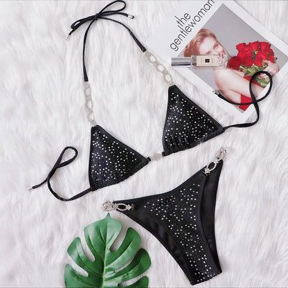 2022 INS Hot Handgemachte Accessoires Bademode Damen Sexy Bandage Bikini Unifarben Schwarz Zweiteiliger Badeanzug