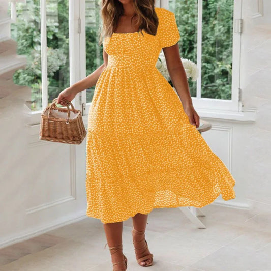 Abiti vintage stampa vintage manica a sbuffo estate spiaggia abiti dolci casual colletto quadrato floreale maxi abito lungo festa