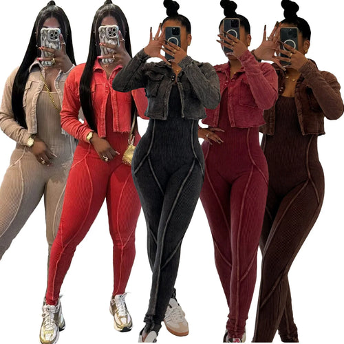 Wholesale Streetwear Two Piece Set Y2K Bodycon Acid Wash Jumpsuit With Jacket Light Washed 2 Piece Set Woman Jumpsuit