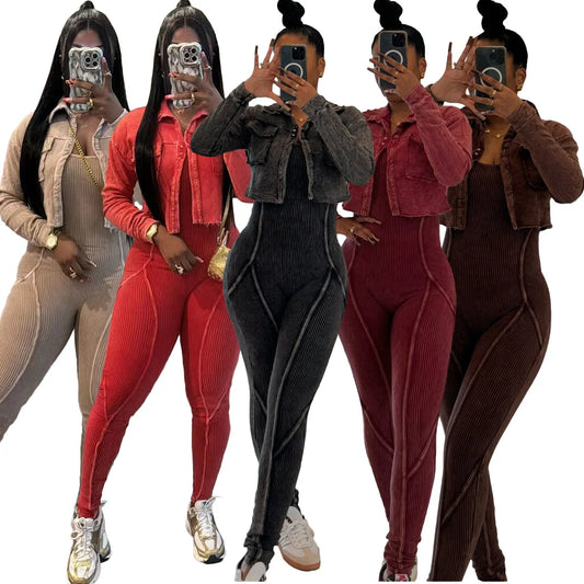 Wholesale Streetwear Zweiteiler Y2K Bodycon Acid Washed Jumpsuit mit Jacke Hell gewaschener 2-teiliger Damen-Jumpsuit