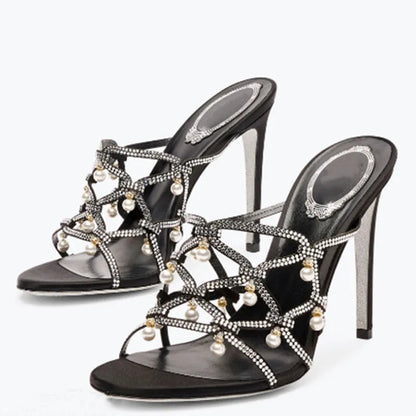 Sandales à talons hauts et fins pour femmes, chaussures d'été à lanières croisées avec strass, mules à talons aiguilles et perles.