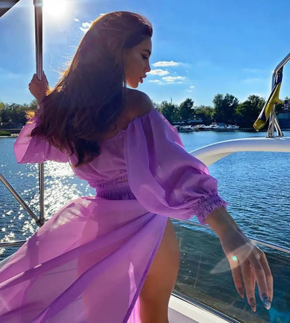 Summer Women Bikini Cover Ups Solid Color Long Sleeve Off Shoulder Tops High Waist Split Skirts 2pcs Swimsuit Bathing Suit