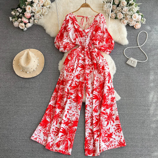Boutique Wholesale 2025 Summer New Fashionable V-neck Casual High Waist Slimming Printed Straight Leg Women's Jumpsuit
