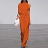 S-3XL New European Solid Shoulder Stacked Neck Jumpsuit Dress Pants