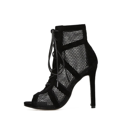 Bottes de danse latine de haute qualité en maille noire et daim, sandales sexy à lacets et talons hauts, fabriquées en usine.