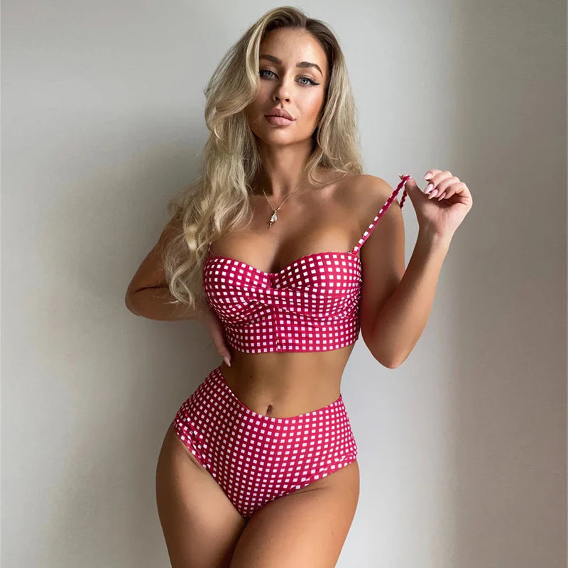 Women's New Style Plaid Printed Swimsuit Tight Sexy High Waist Split Beach Bikini