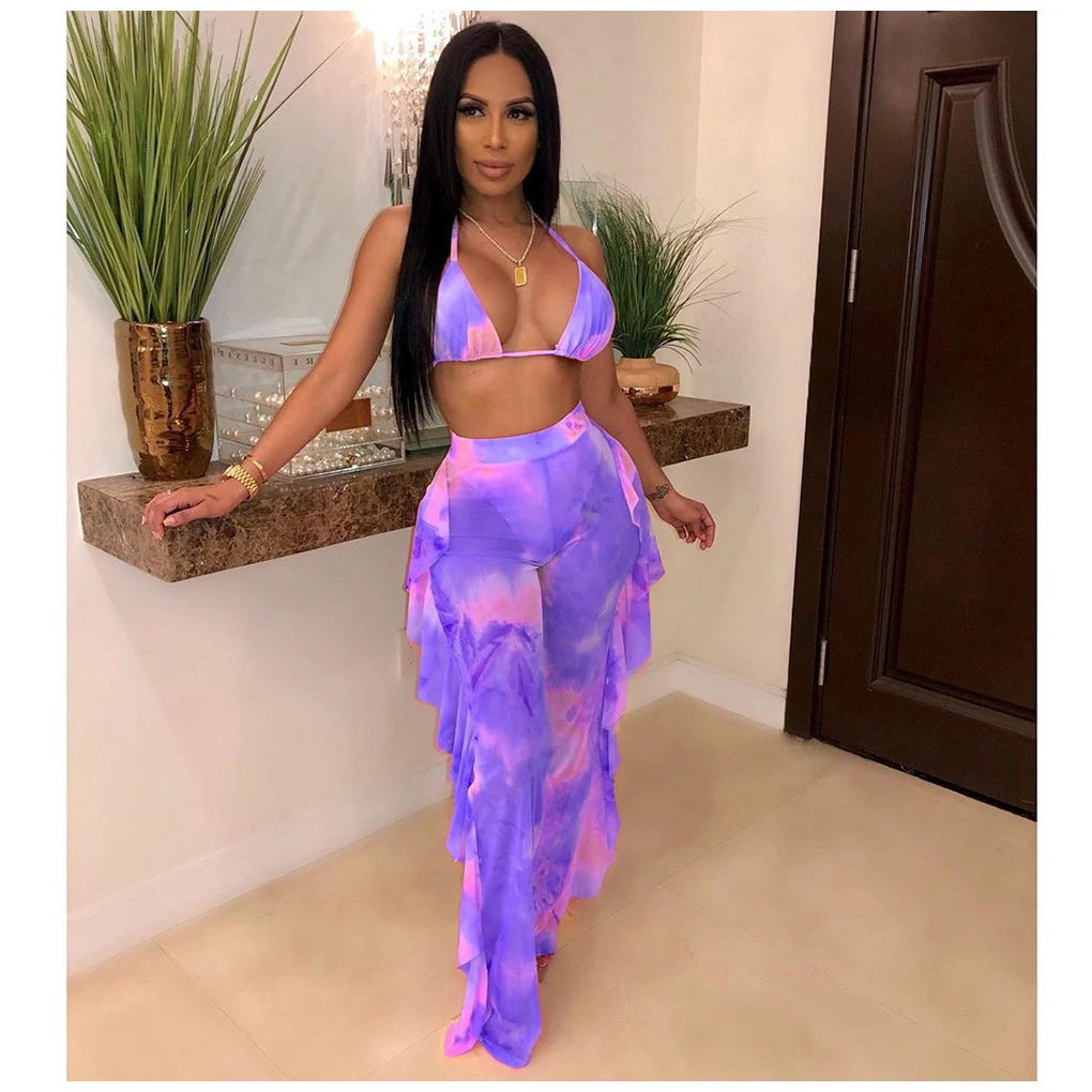 Summer Night Club Bikini Halter Sexy Swimsuits for Women 2Pcs Sheer Sexy 2025 Women Long Pant Bathing Suits