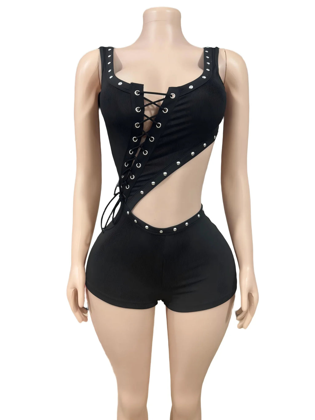 F1429-2026 Sommerkleidung Damen Jumpsuits Ösen Aushöhlen Schwarz Bodycon Jumpsuit Shorts Weiblich