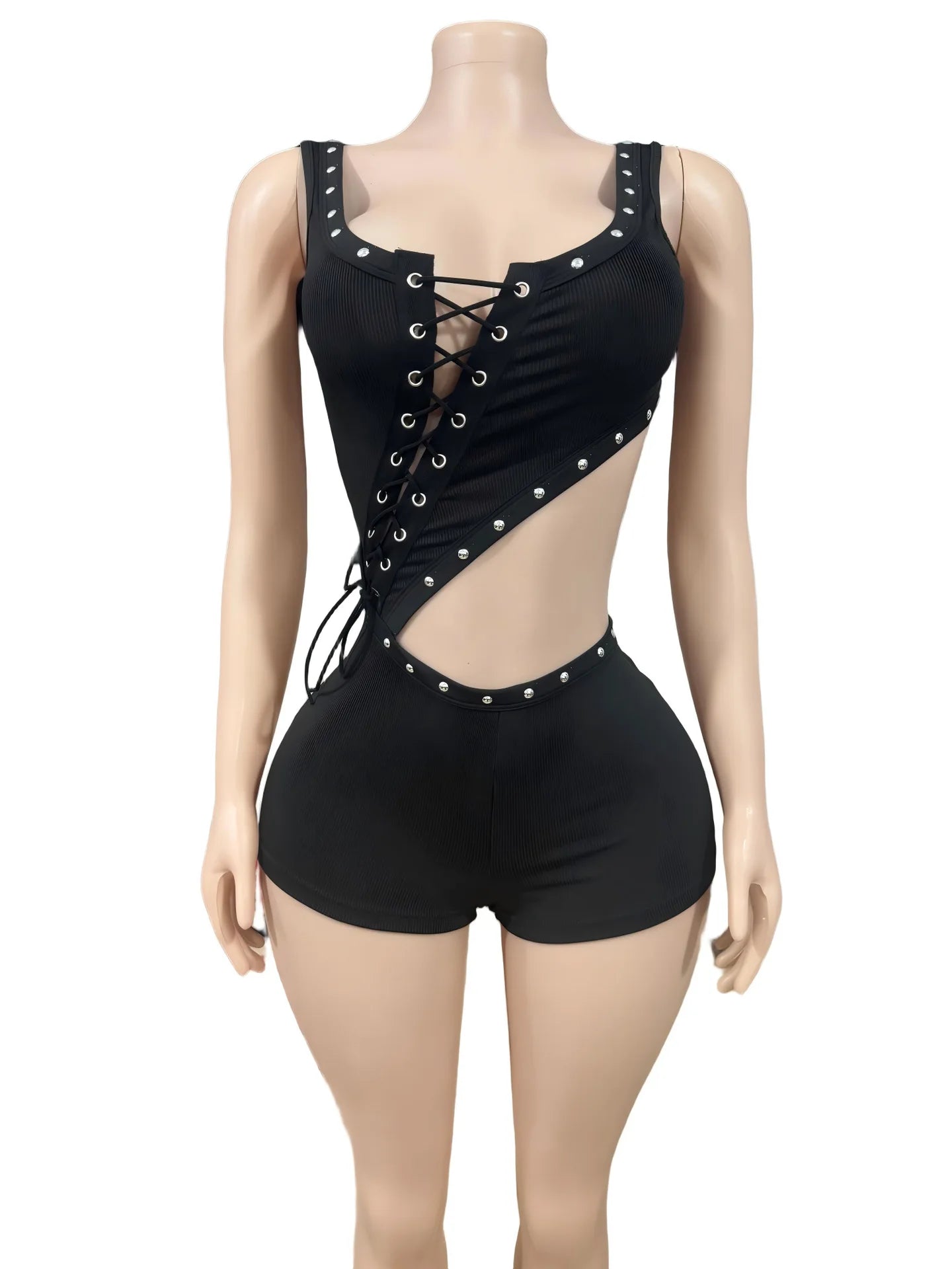 F1429-2026 Sommerkleidung Damen Jumpsuits Ösen Aushöhlen Schwarz Bodycon Jumpsuit Shorts Weiblich