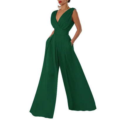 Combinaison pantalon longue à jambes larges et col en V pour femme, taille haute, sans manches, couleur unie, pour le bureau, printemps été