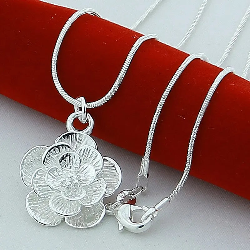 DOTEFFIL Collana con ciondolo fiore rosa in argento sterling 925 18/20-24/26/30 pollici Catena del serpente per le donne Gioielli di fidanzamento di nozze