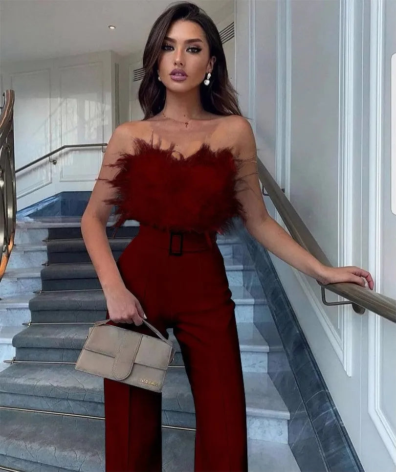Liu Ming Modischer, sexy trägerloser Feder-Playsuit mit hoher Taille Damen-Jumpsuit