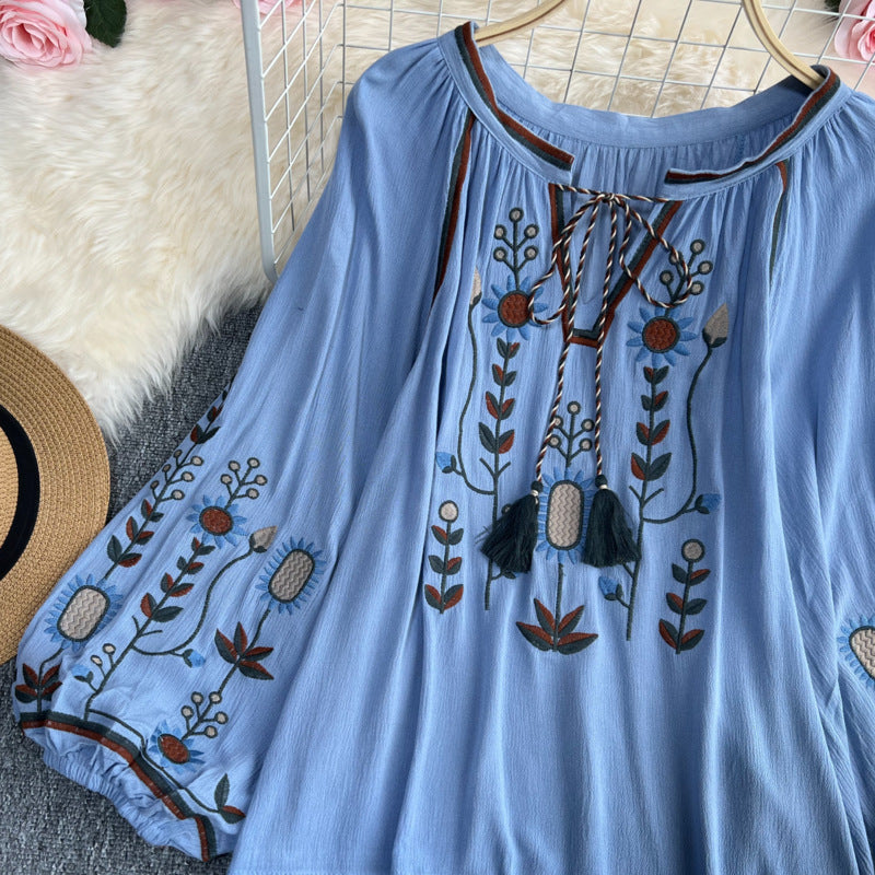 Estate primavera autunno donne Sexy ricamato manica svasata camicetta camicetta donna manica lunga retrò allentato Boho camicetta top femminile
