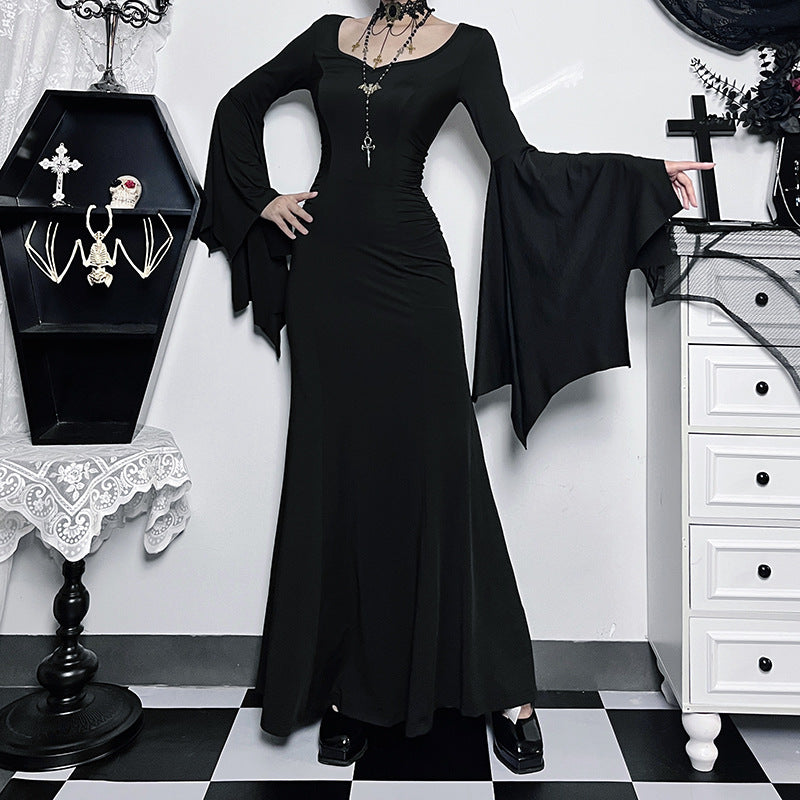 Y2K Goth floreale pizzo maglia manica svasata aderente abiti da festa sexy vintage elegante velluto nero con scollo a V abito lungo partywear