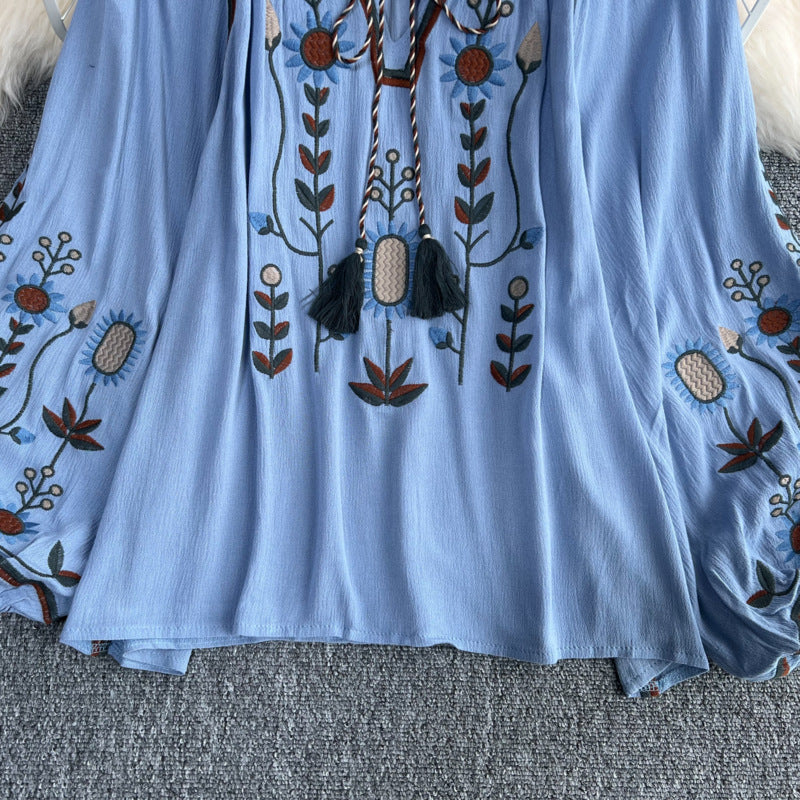 Estate primavera autunno donne Sexy ricamato manica svasata camicetta camicetta donna manica lunga retrò allentato Boho camicetta top femminile