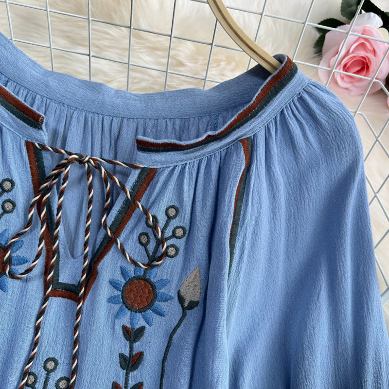 Estate primavera autunno donne Sexy ricamato manica svasata camicetta camicetta donna manica lunga retrò allentato Boho camicetta top femminile